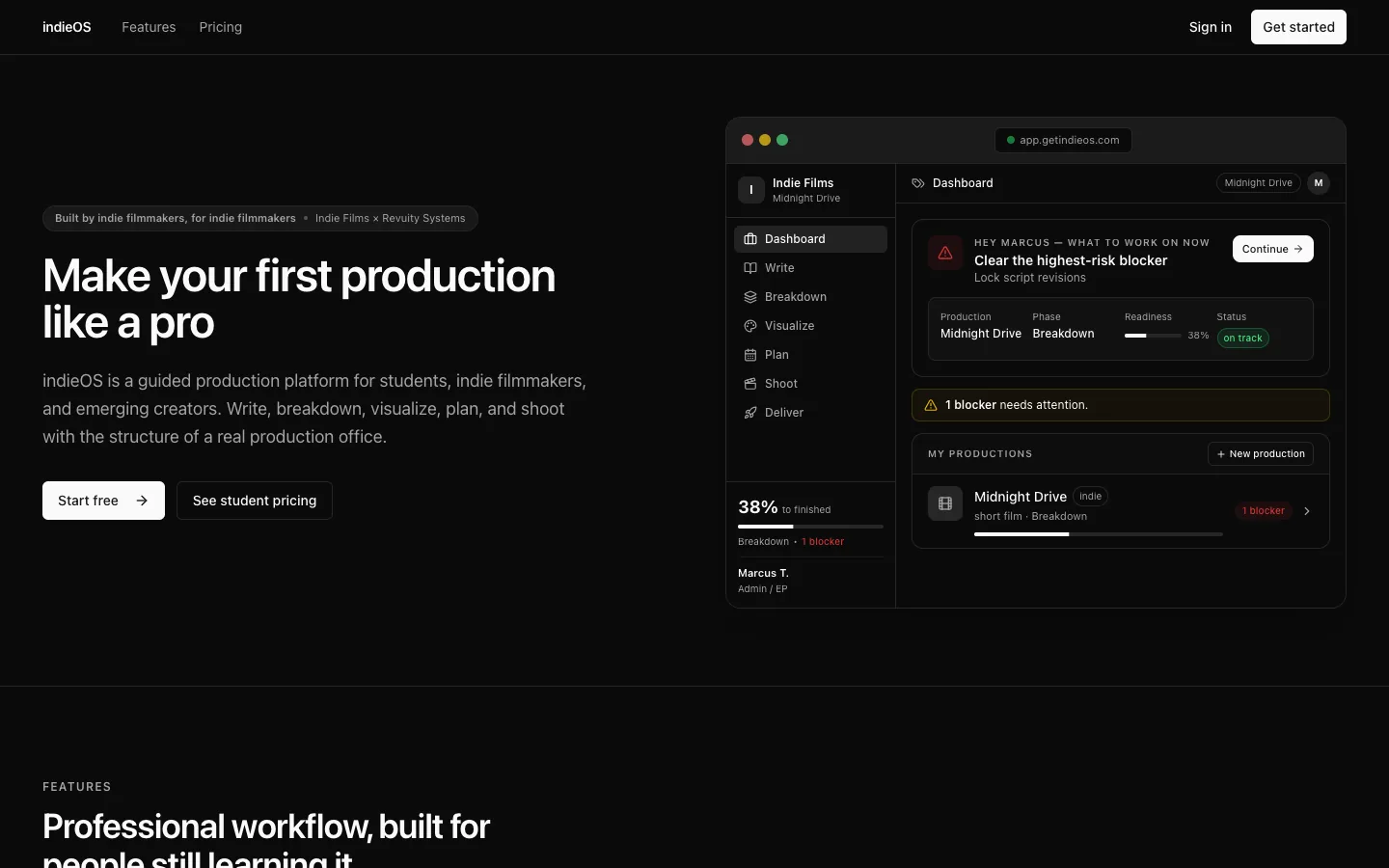 indieOS, a film production platform, built by Revuity Systems