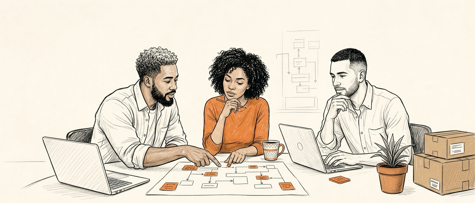 Three builders collaborating on a new system