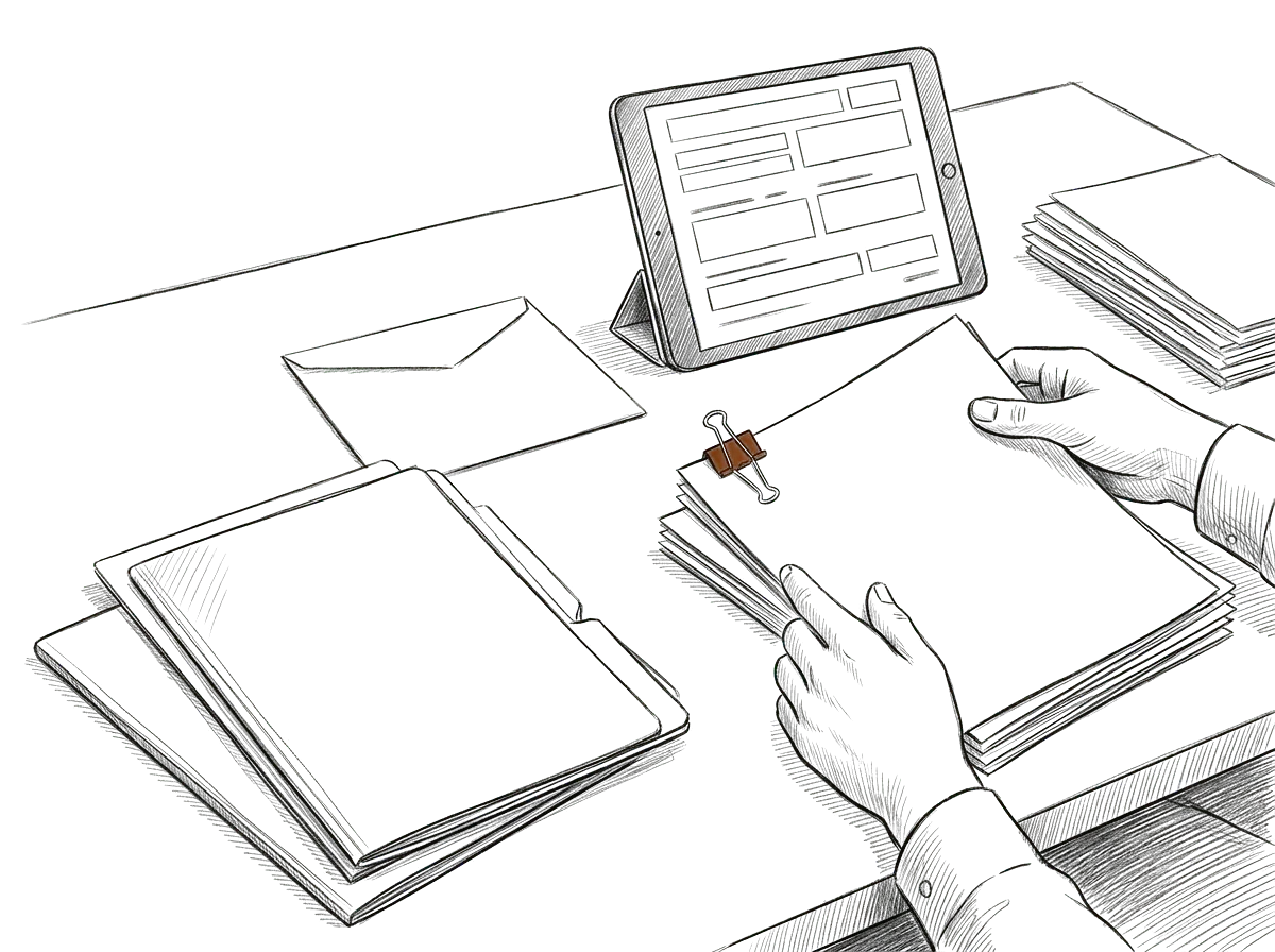 Sketch of client documents and folders being prepared and organized