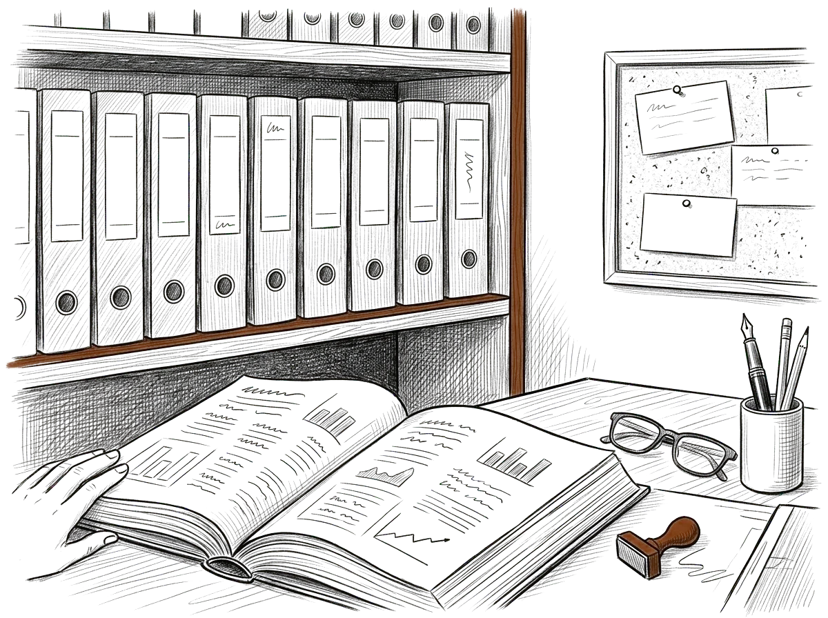 Sketch of a shelf of binders and an open procedures reference book
