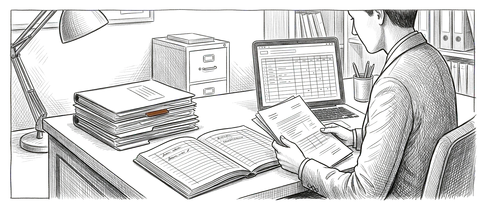 Editorial sketch of an accounting and finance office working across client documents, review, and an AI operating environment