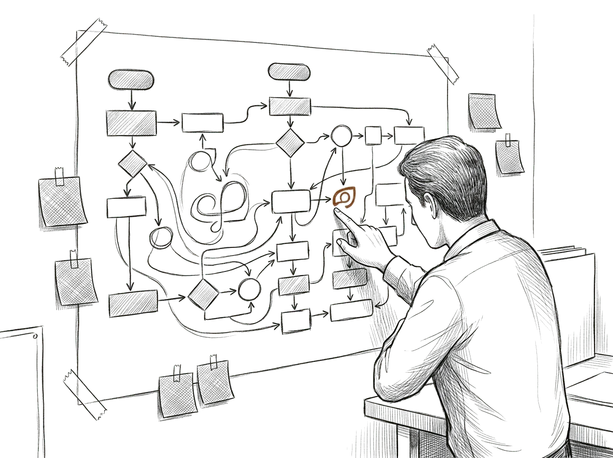 Sketch of someone mapping a firm's workflow on a diagram