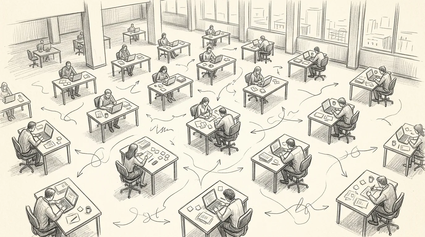 Graphite sketch of many isolated desks in an open office, each person working alone with disconnected scribbled arrows between them