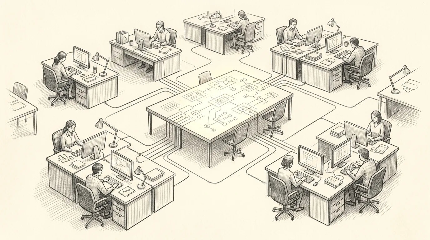Graphite sketch of the same office now connected, with every desk wired into one shared table showing an organized system diagram