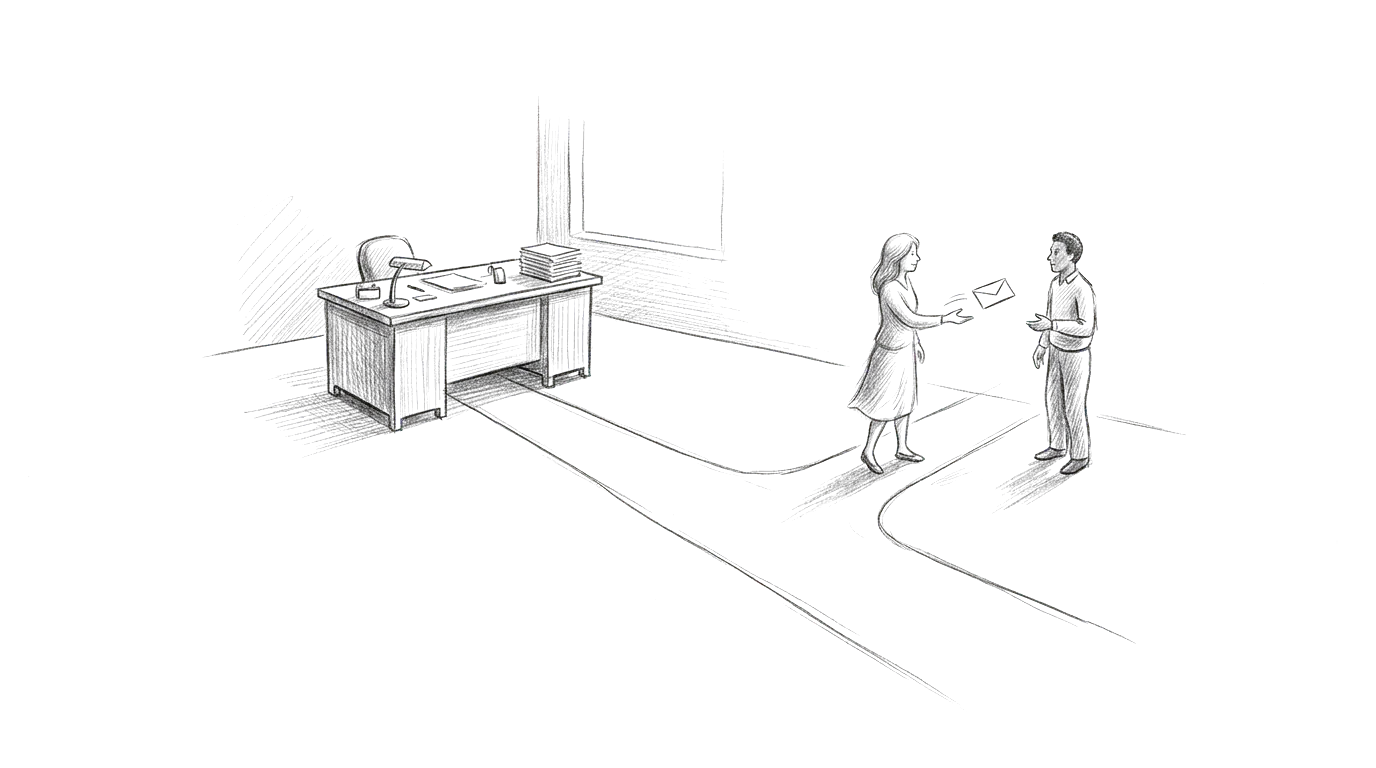 Graphite sketch of a path through an office that forks, the main path leading to a finished desk while one person catches a stray envelope on the side path and hands it to a colleague