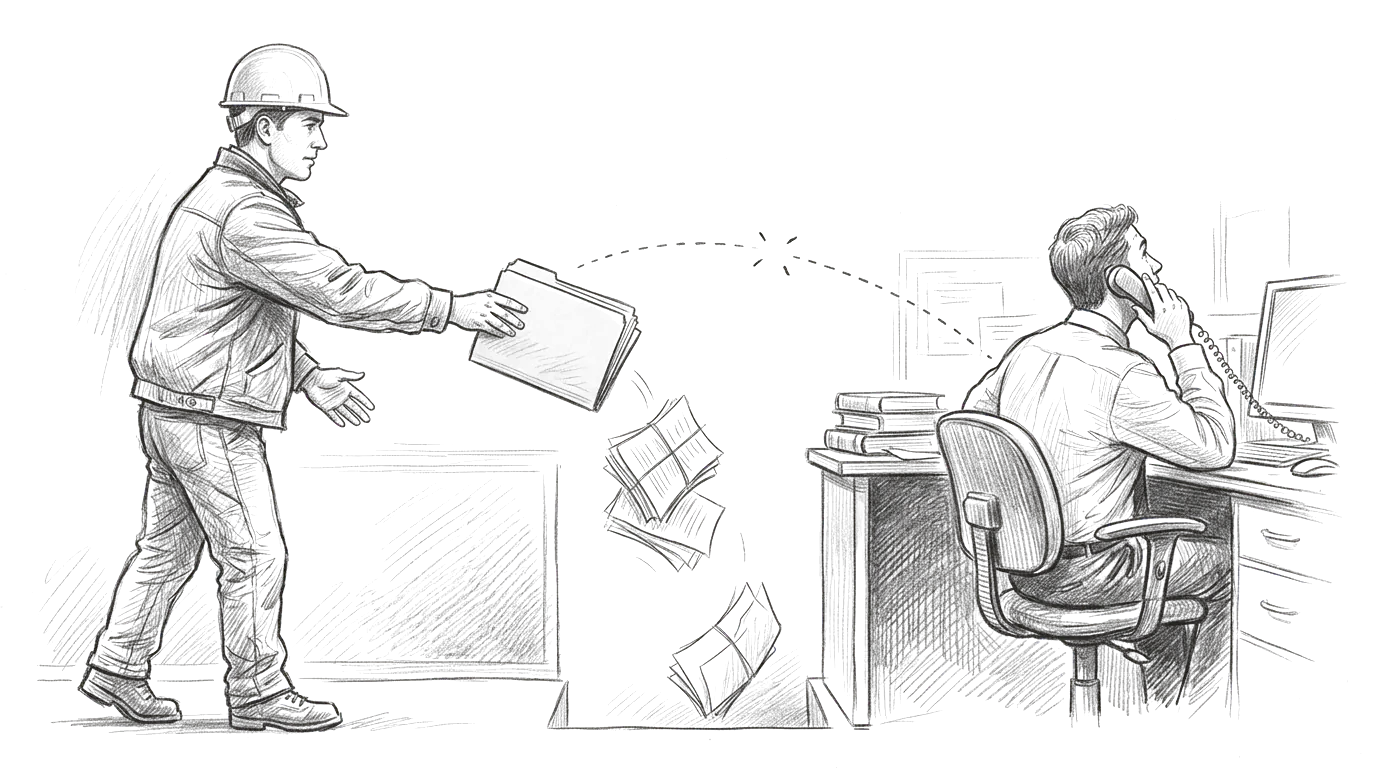 Graphite sketch of an estimator holding out a folder to an office worker who is turned away on the phone, with papers falling into the gap between them