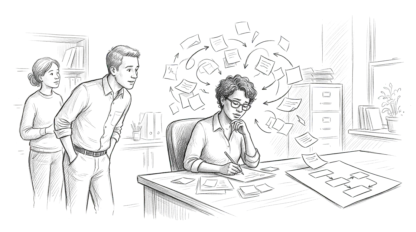 Graphite sketch of an office manager at her desk surrounded by a swirl of loose notes while two coworkers wait for answers, with a clean process map taking shape on the desk beside her