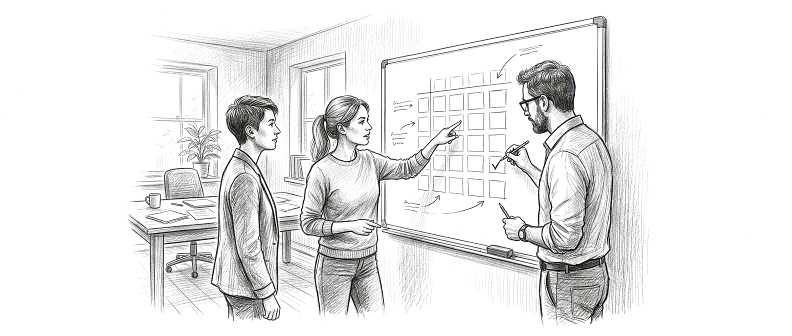 Graphite sketch of three coworkers at a whiteboard drawing a grid, one pointing at an empty box while another adds a check mark