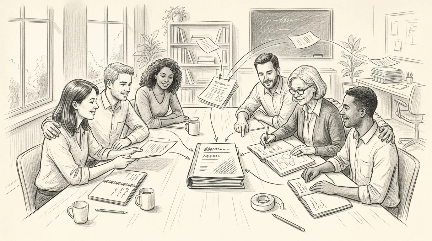 Graphite sketch of a nonprofit team gathered around a shared table while pages from different corners of the room travel along drawn lines into one tidy report, with one staff member reviewing it
