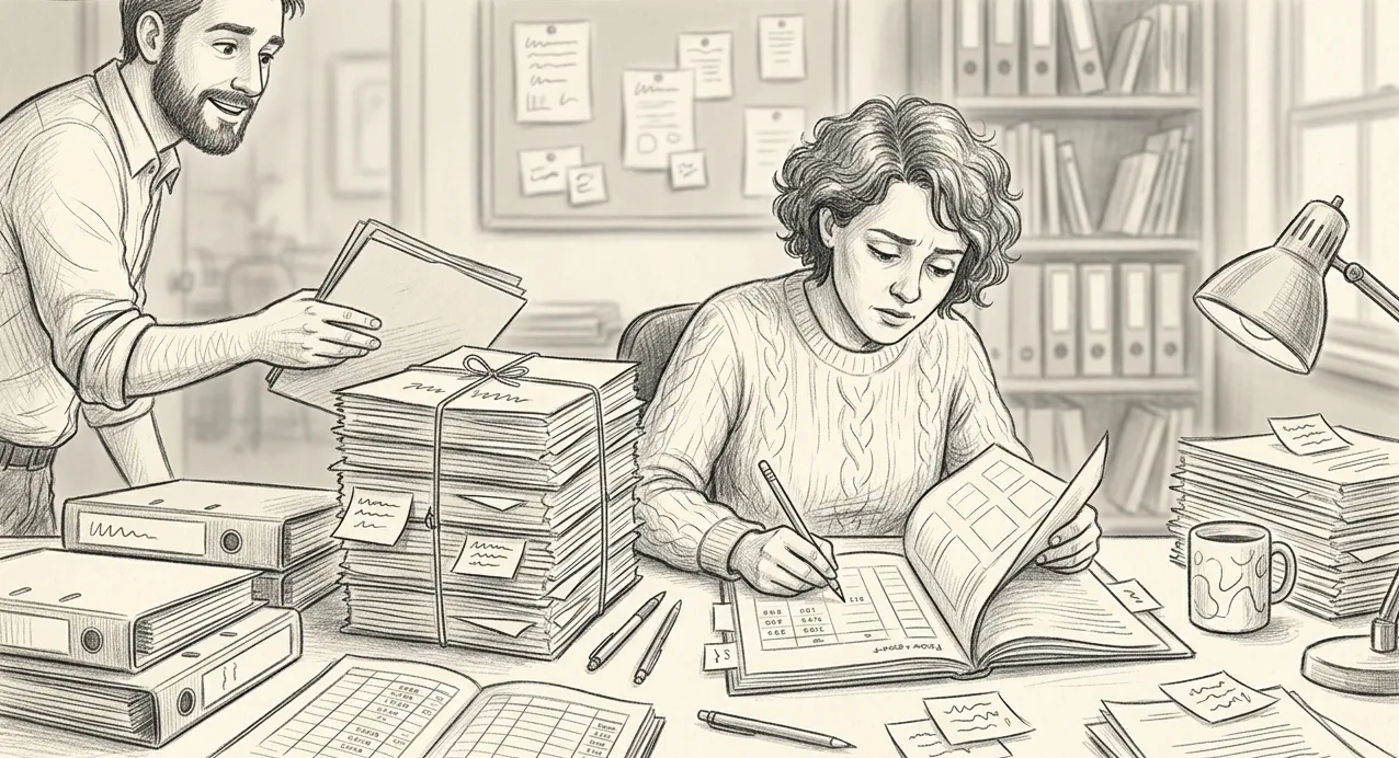 Graphite sketch of a nonprofit staff member at a cluttered desk copying figures from a tall stack of old reports into a fresh blank one, while a colleague hands her another folder