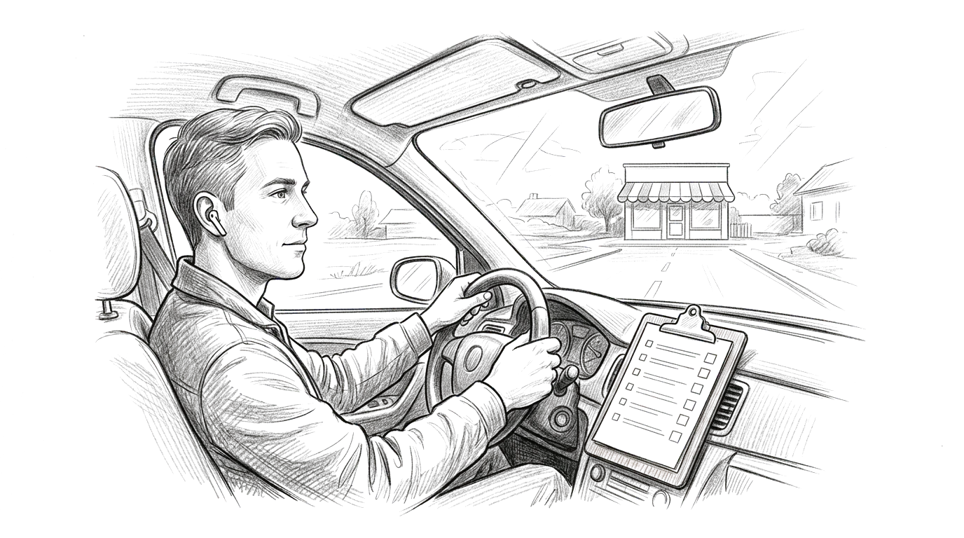 Sketch of a business owner listening through earbuds while driving to work, a checklist clipped to the dashboard