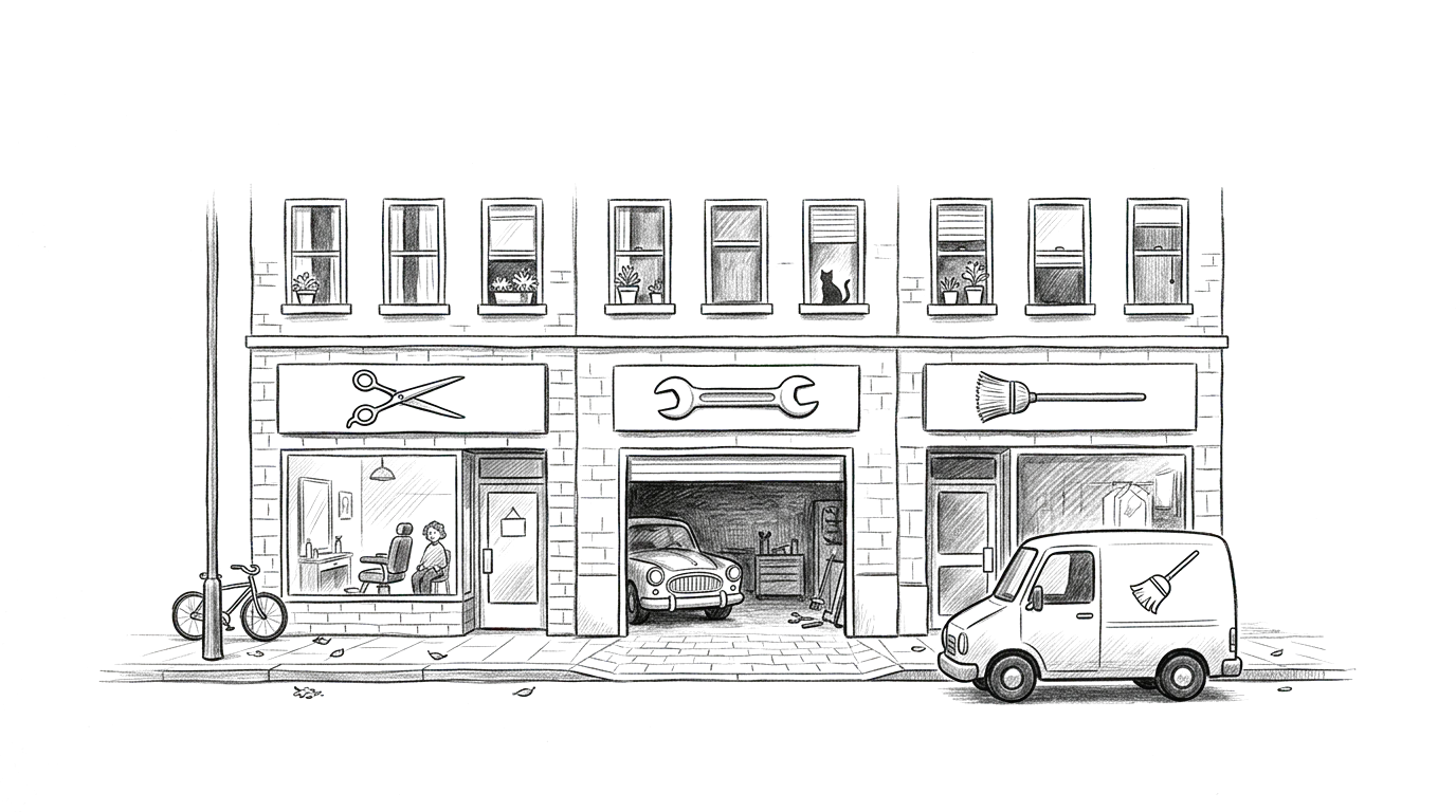 Sketch of a hair salon, an auto repair shop and a cleaning service side by side on one quiet street