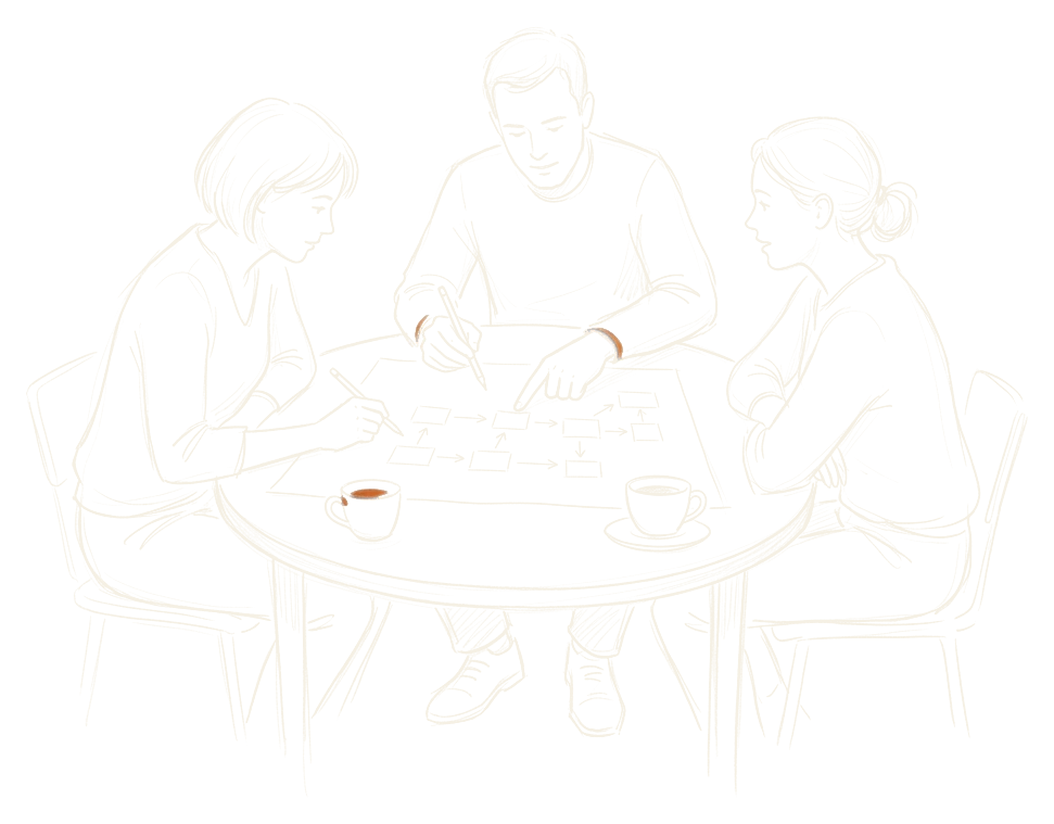 White line sketch of three people around a table, mapping a workflow of boxes and arrows on paper.