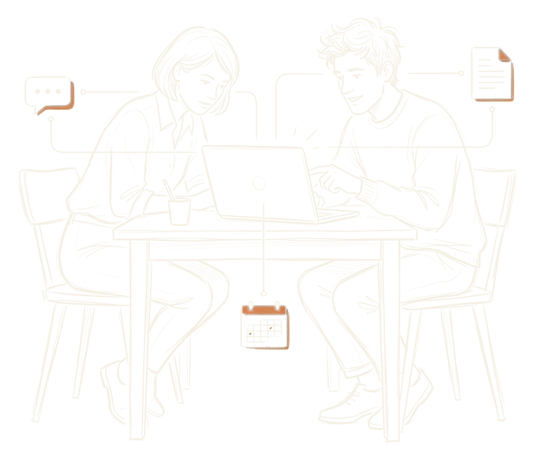 Pencil sketch of two people at one laptop, with their documents, calendar and messages connected around it