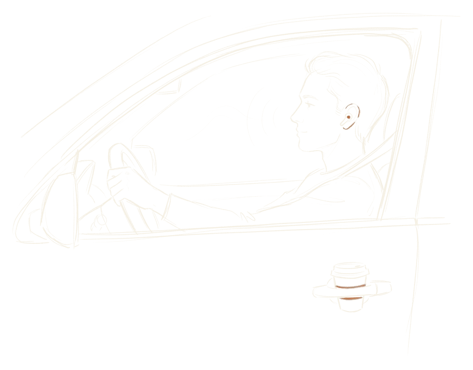 Pencil sketch of a person driving and listening through earbuds, a coffee in the cup holder