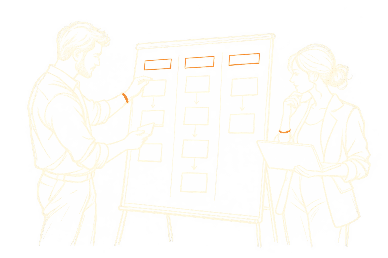 Cream pencil sketch of two operators organizing workflow cards on a shared operations board