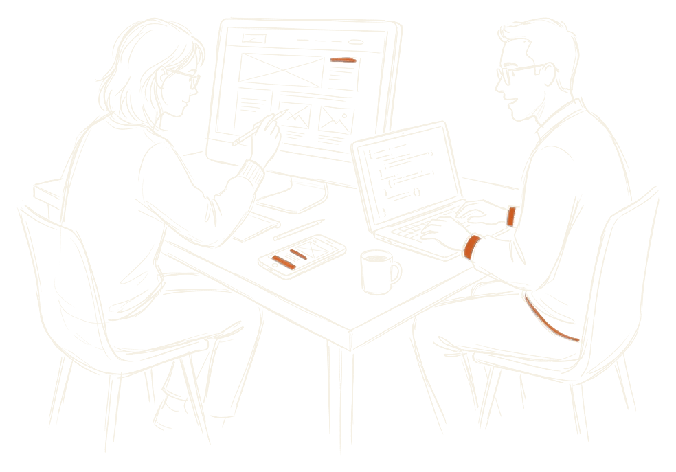 Pencil sketch of a designer and an engineer at a desk, one laying out a website, the other writing code