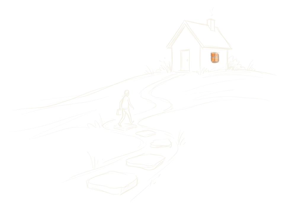 Pencil sketch of a person walking a path of stepping stones up a hill toward a small house with a lit window