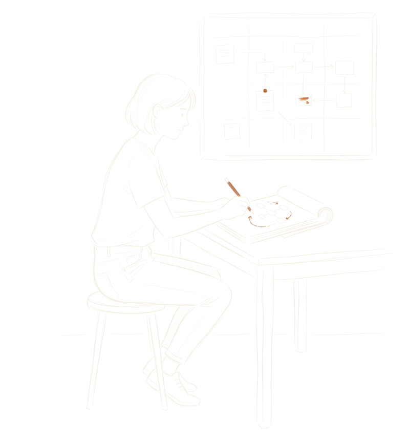 Pencil sketch of a person at a desk tracing a looping arrow around connected boxes on a notepad, with a board of connected steps on the wall
