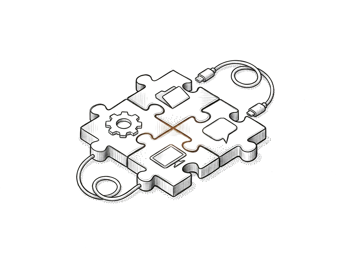 Sketch of interlocking puzzle pieces joined by cables, each piece marked with a different tool