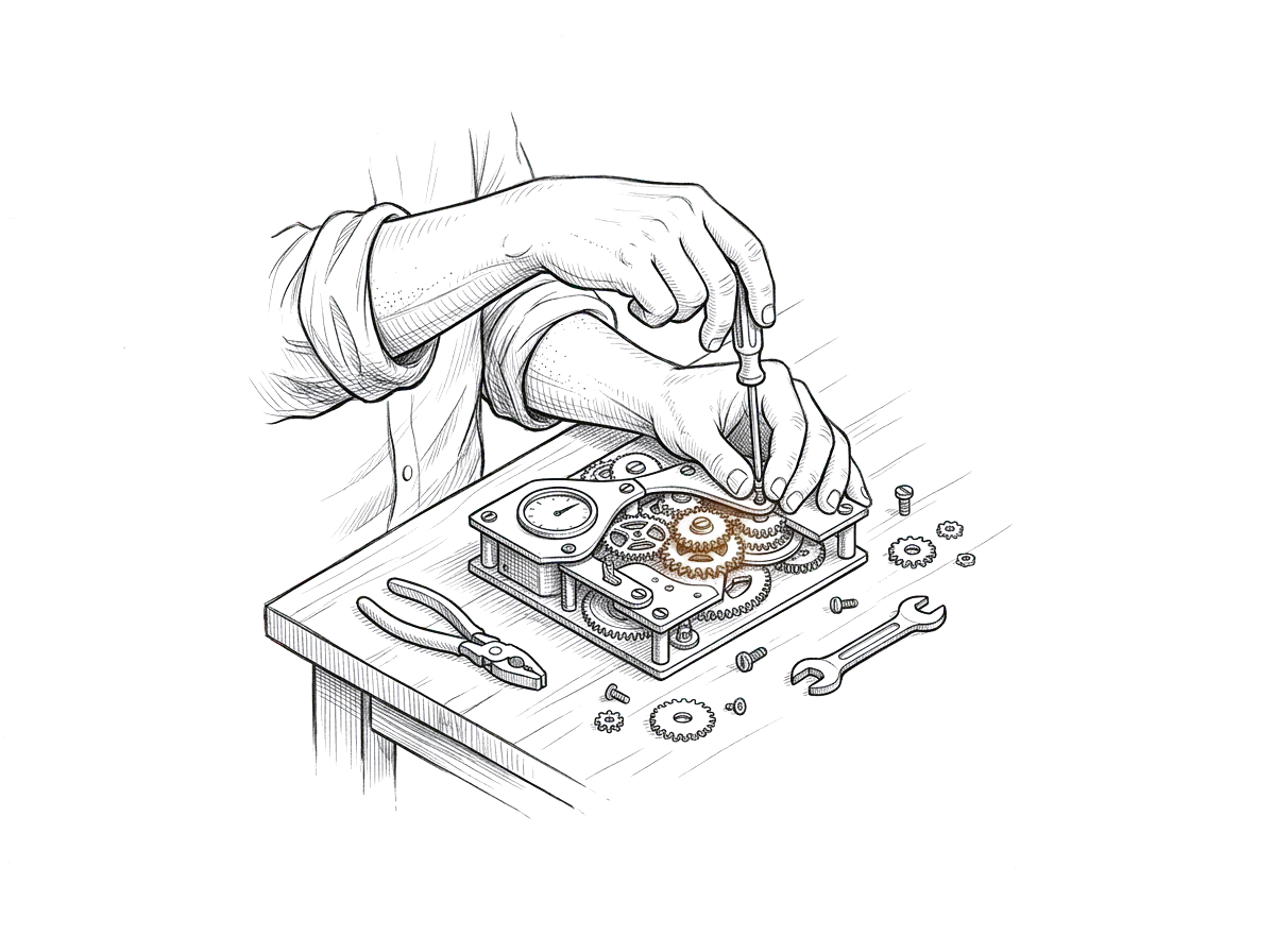 Sketch of two hands assembling a small mechanism on a workbench