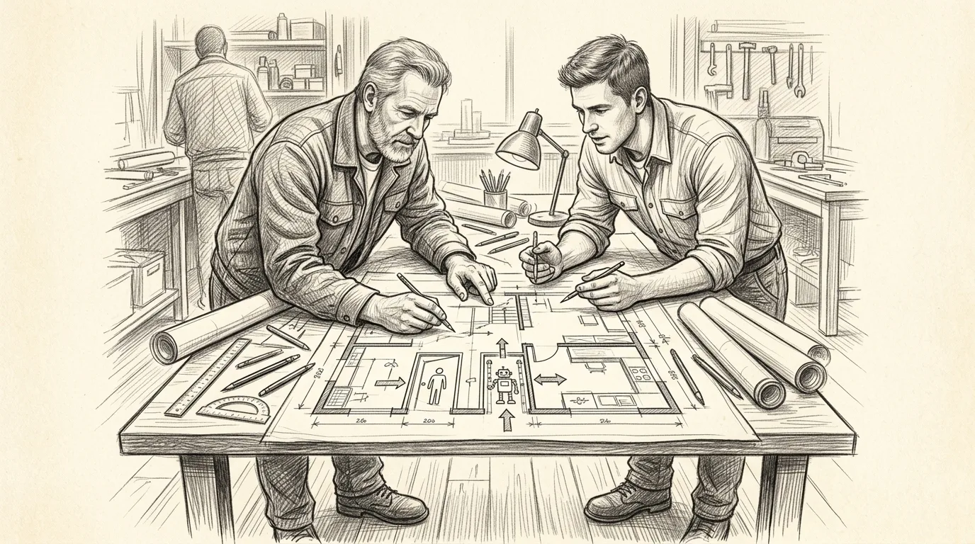 Graphite sketch of two builders leaning over a blueprint on a drafting table, showing one entrance for a person and another for an automated assistant leading into the same room