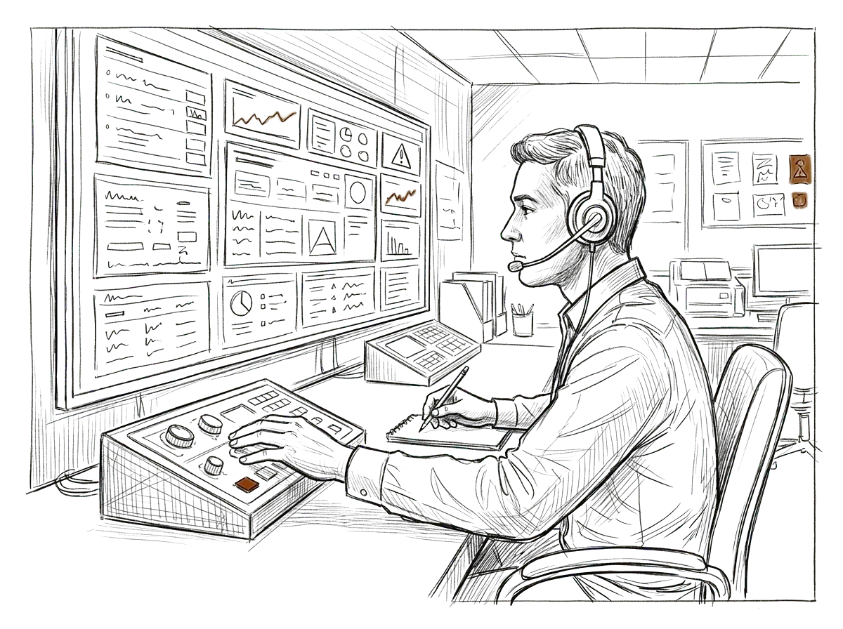 Sketch of an operator at a control desk watching a wall of dashboards