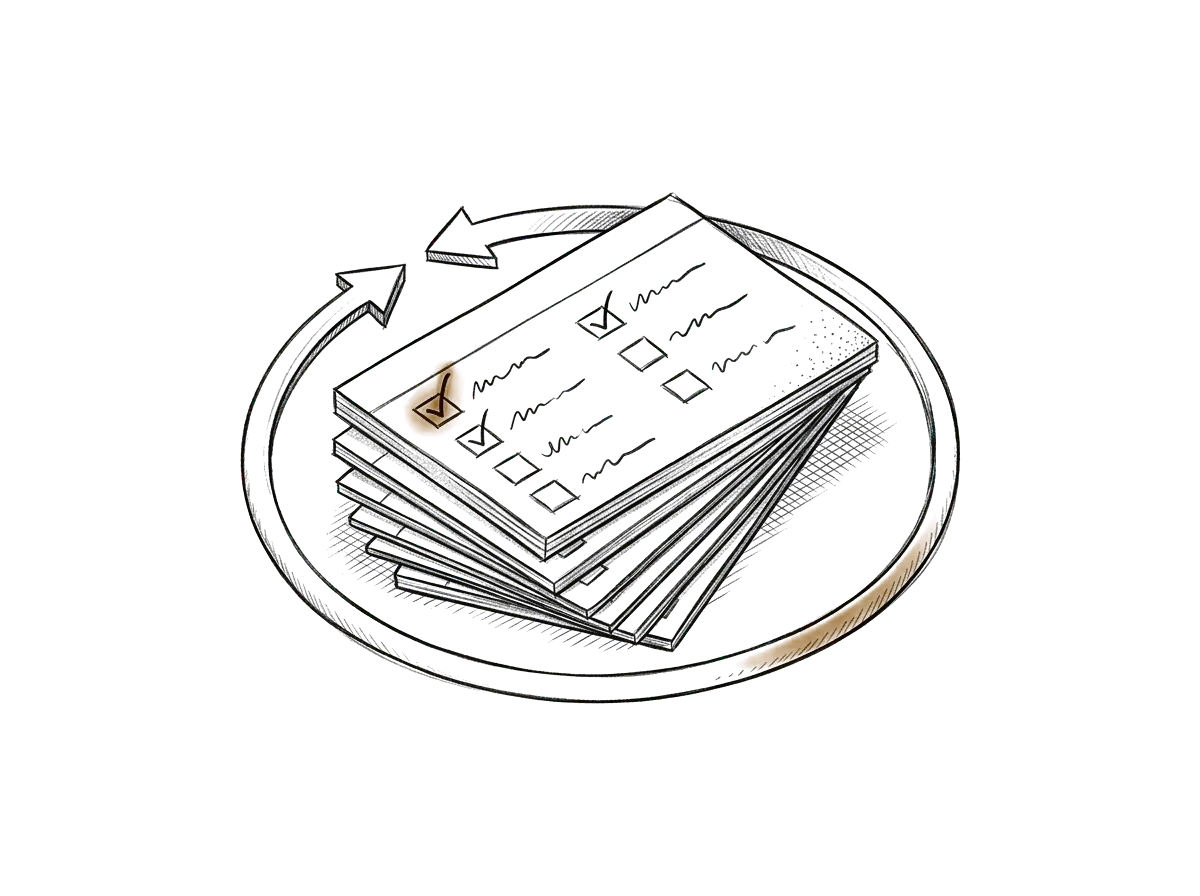 Sketch of a stack of checklists with a cycle arrow drawn around it