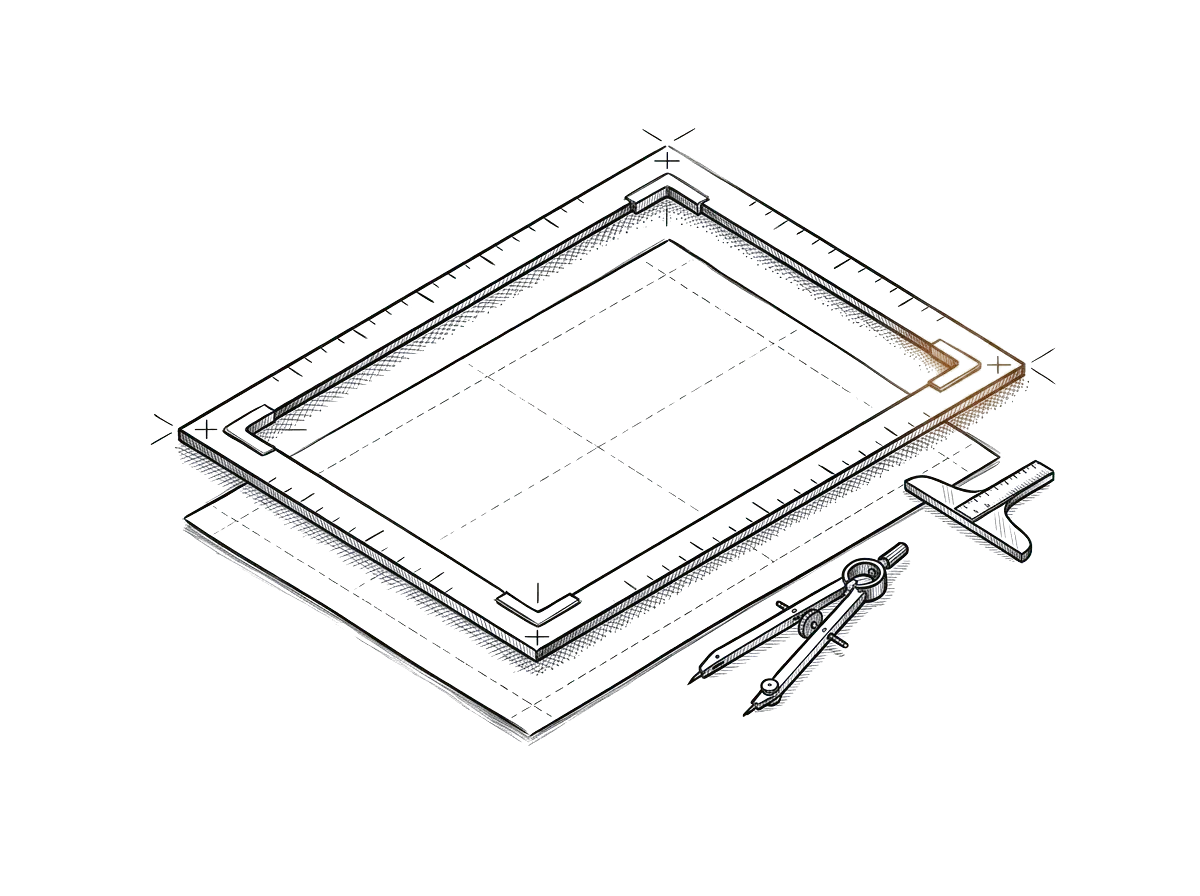 Sketch of a blank drafting frame with a ruler and compass beside it