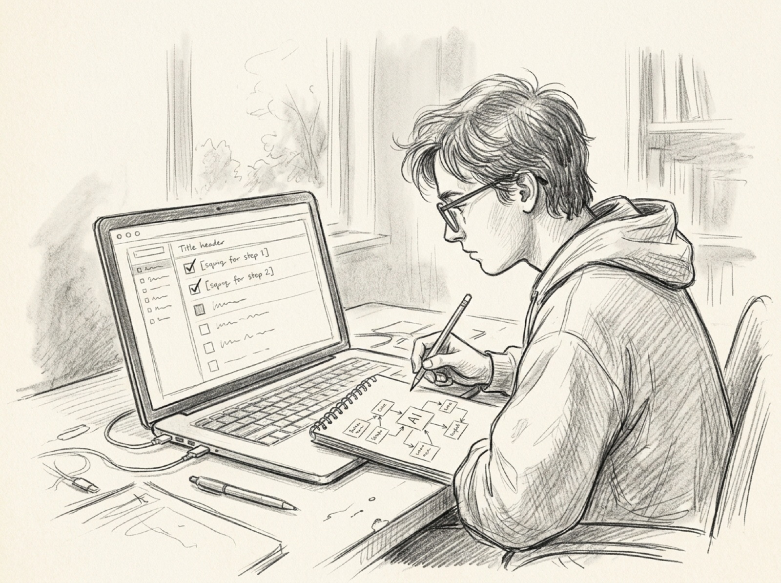 Sketch of one person building their own AI assistant setup from a guided installer checklist