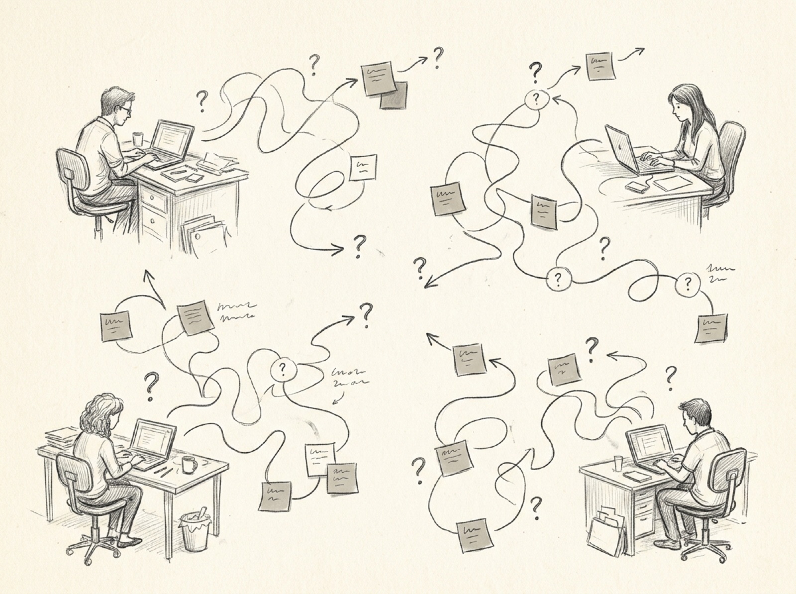 Sketch of four people each working from Claude in their own disconnected way, with no shared system tying it together