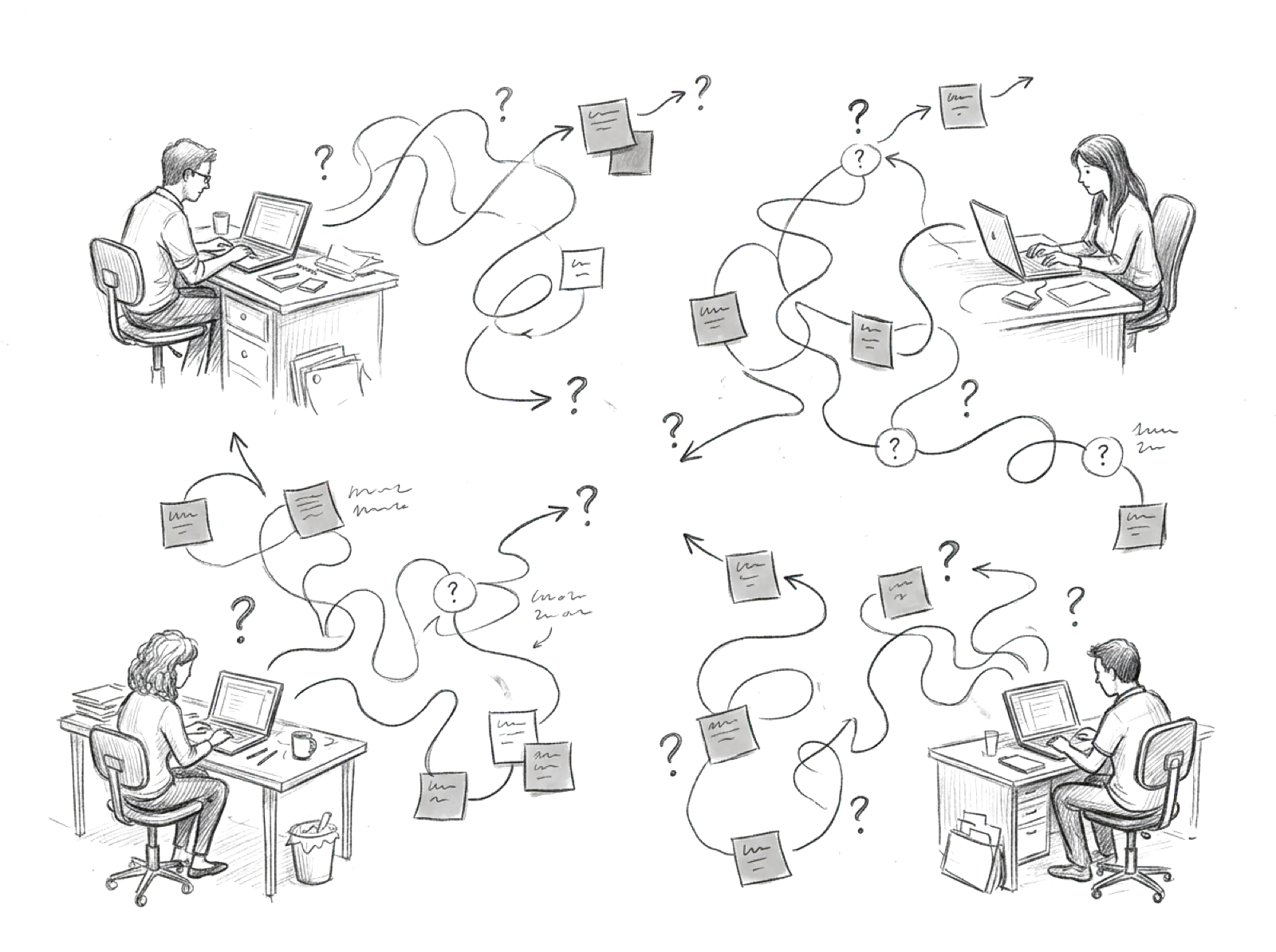 Sketch of four people at their desks, each with a tangle of arrows, notes and question marks between them and the next person