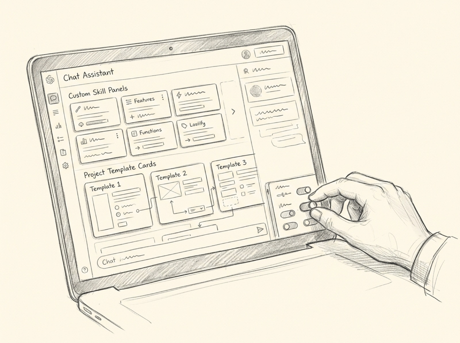 Sketch of custom Skills and Project templates being configured inside an AI environment