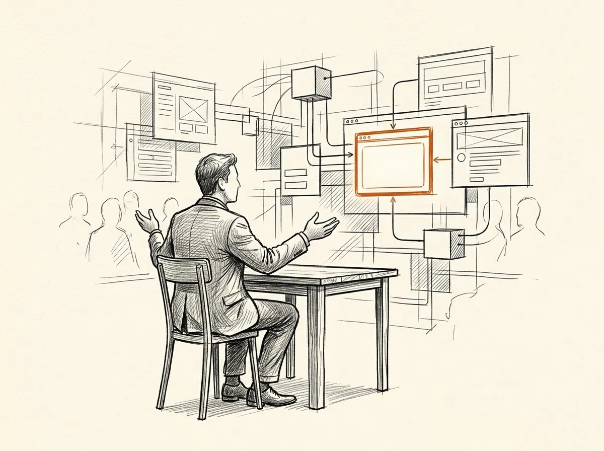 Sketch of a founder explaining a product idea while the product structure takes shape