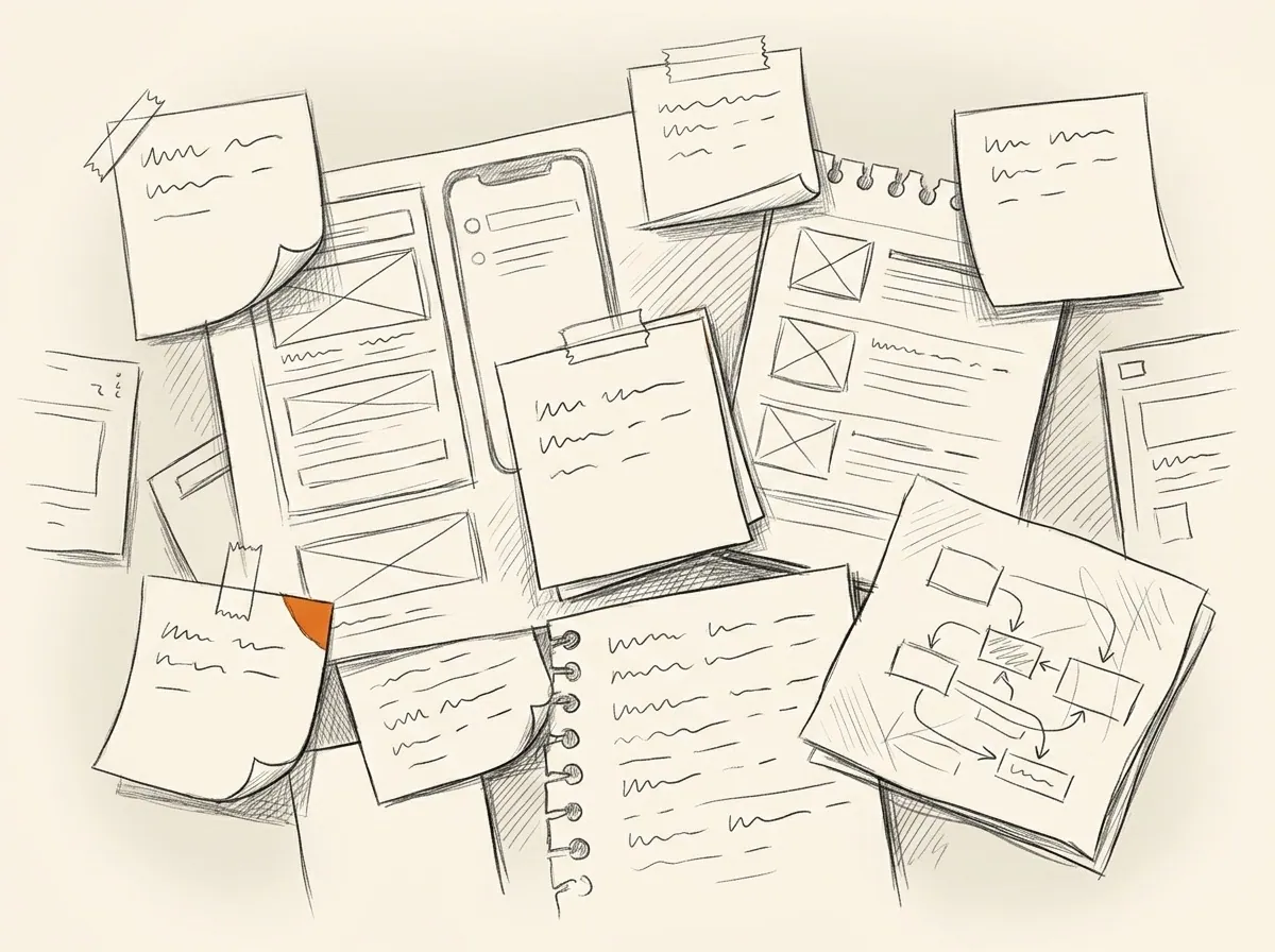 Sketch of scattered, disconnected product idea fragments not yet organized into a plan
