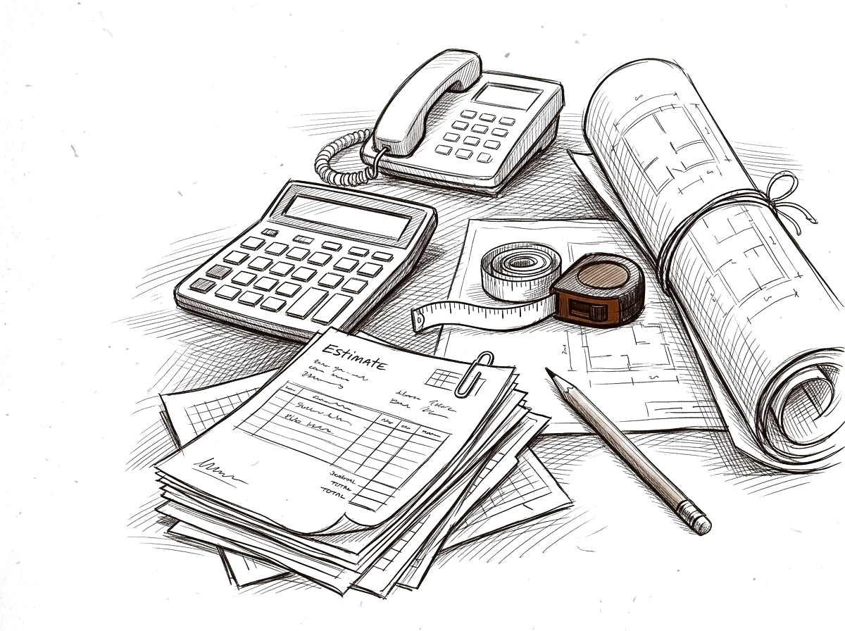 Sketch of a desk with estimating and coordination materials