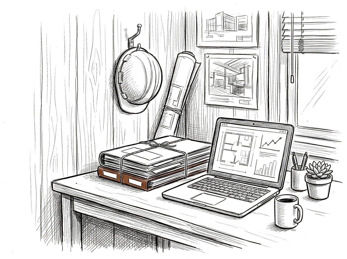 Sketch of a specialty contractor's office using a shared AI operating environment