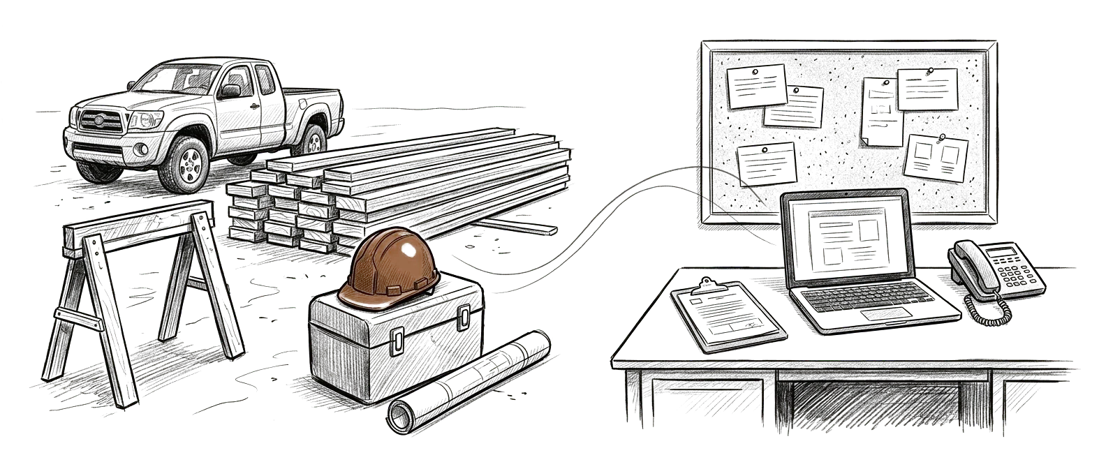 Editorial sketch of a construction and field-services team working across the jobsite, the office, and an AI operating environment