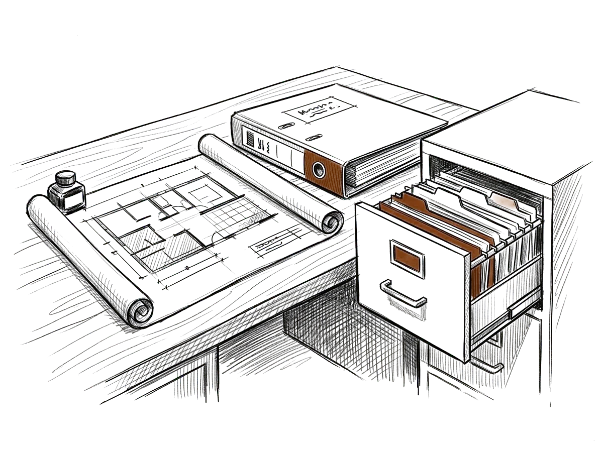 Sketch of an office desk with organized project documents and files