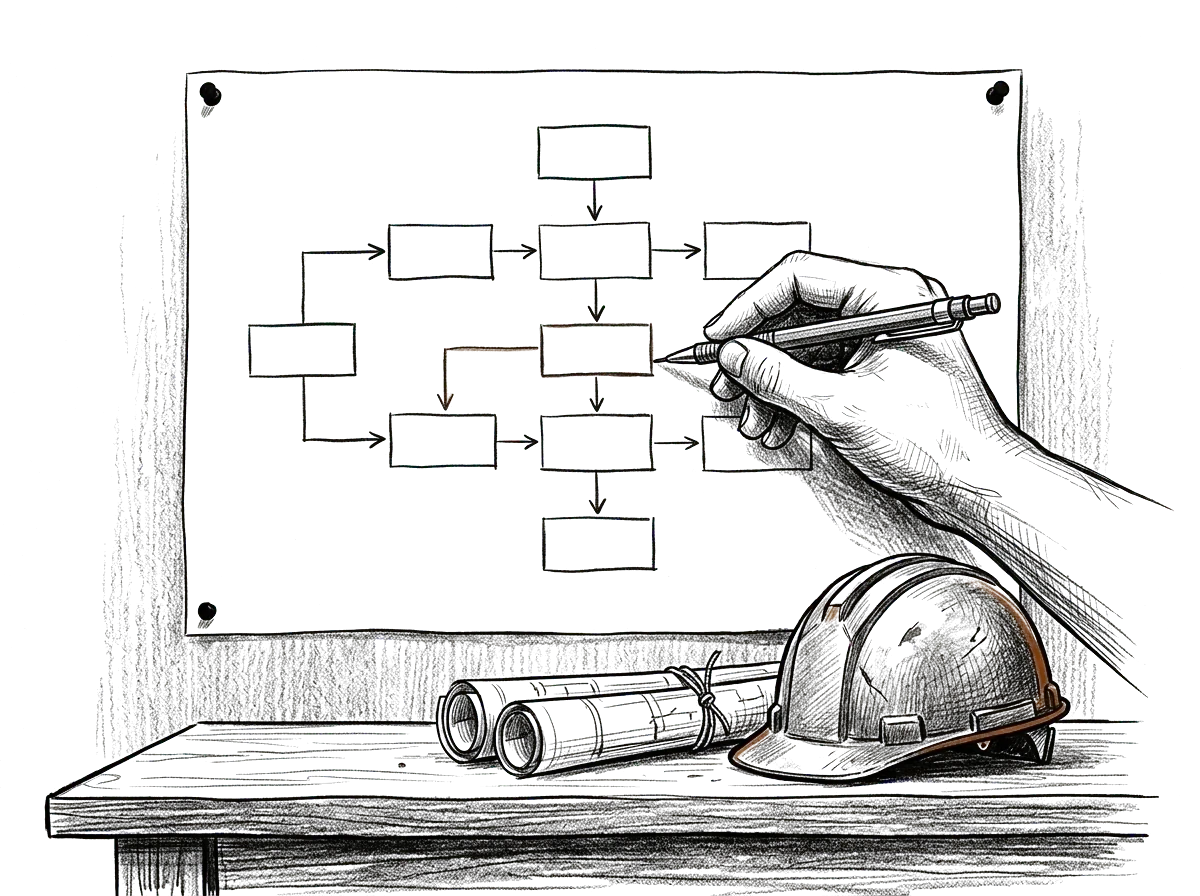 Sketch of someone mapping how work moves between office and field on a workflow diagram