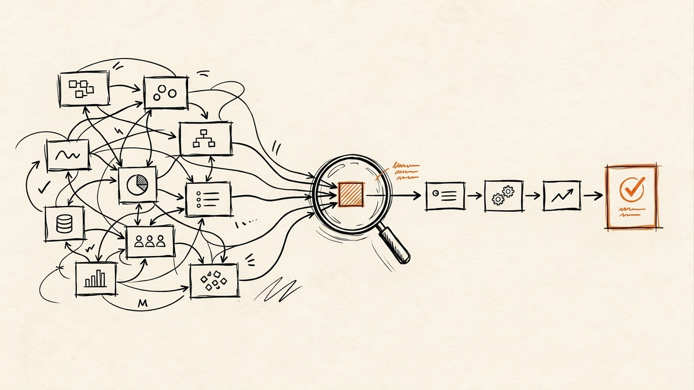 Editorial sketch showing a complex business workflow being examined at a bottleneck and simplified into a clear path