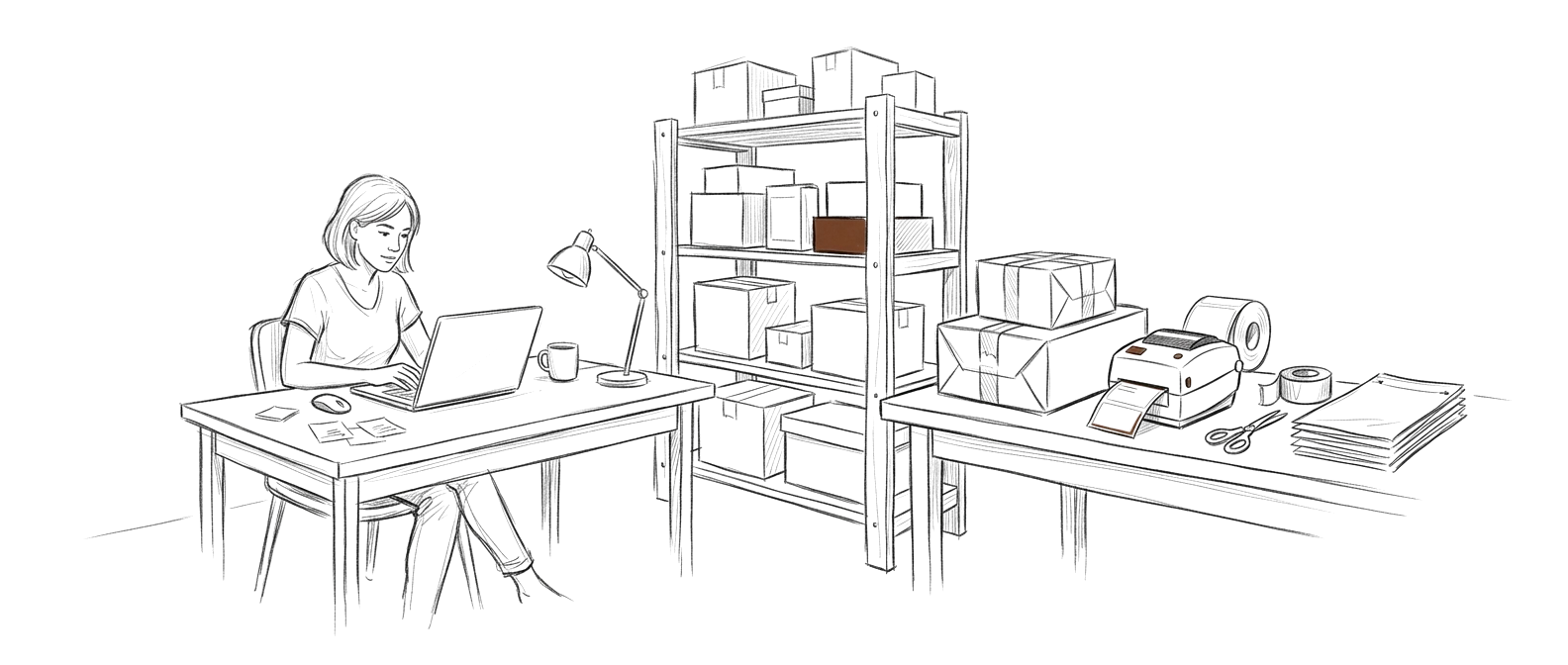 Editorial sketch of a store owner at a laptop beside a shelf of boxed products and a packing table with parcels