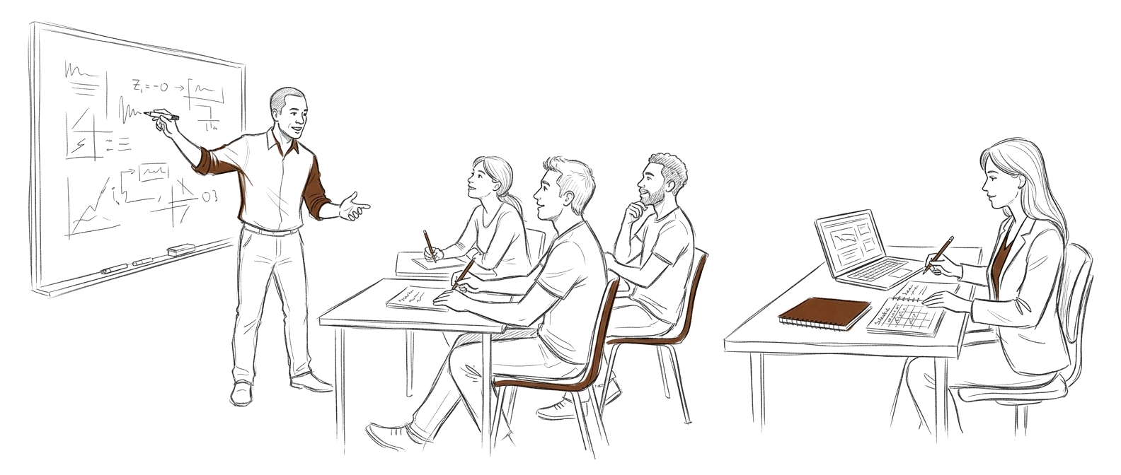 Editorial sketch of an instructor at a whiteboard with learners at desks and a program director with a schedule