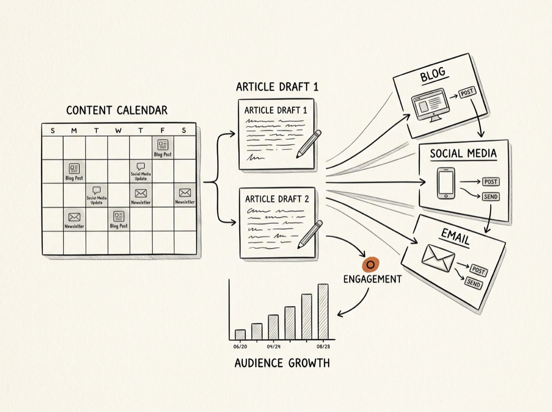 Sketch of a content calendar feeding drafts out into distribution channels