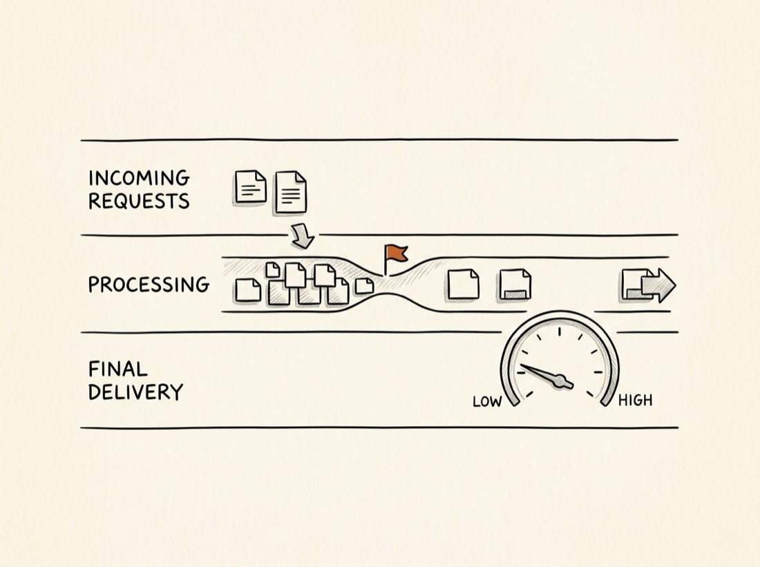 Sketch of delivery lanes with a flagged bottleneck and a capacity gauge