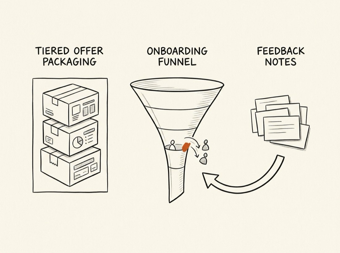 Sketch of pricing tiers, an onboarding funnel with a drop-off point, and feedback notes