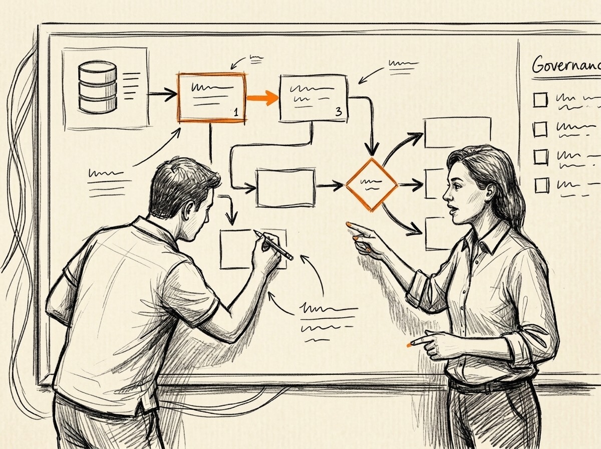 Sketch of an operating model being designed on a whiteboard
