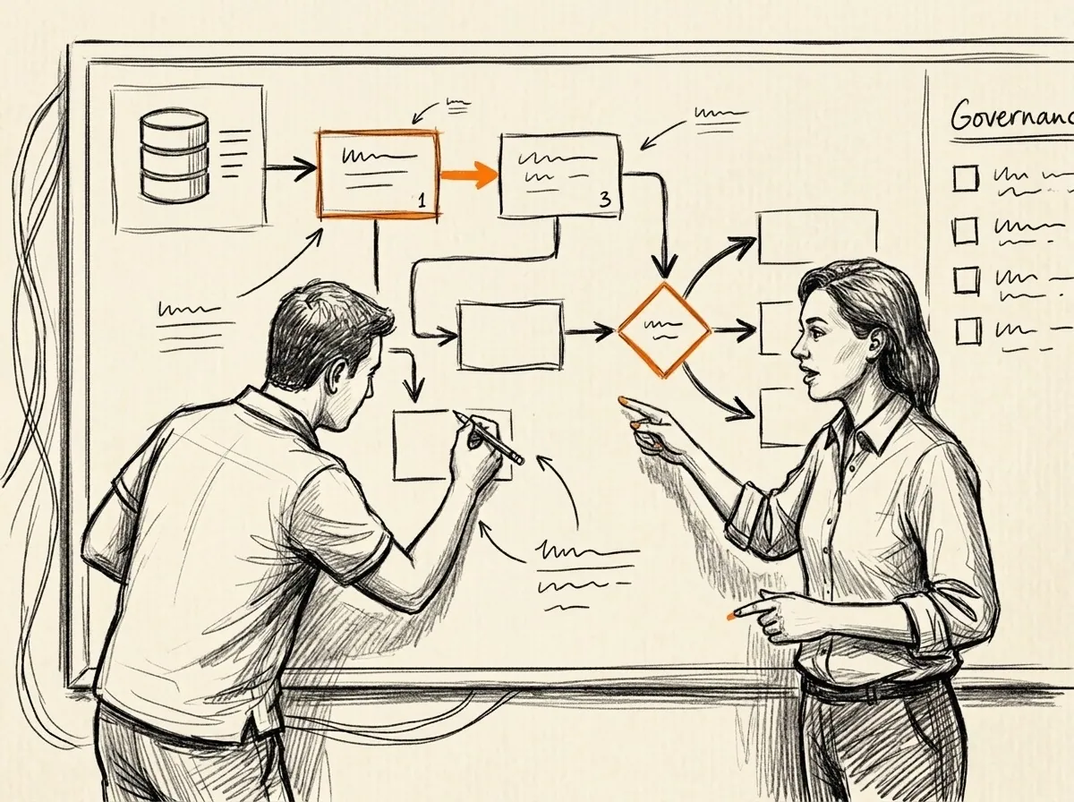 Sketch of an operating model being designed on a whiteboard