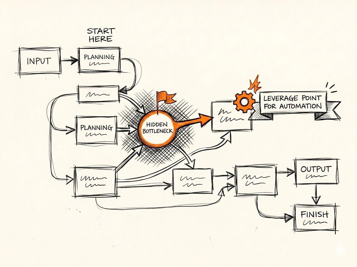 Sketch of a team mapping how work moves through their organization