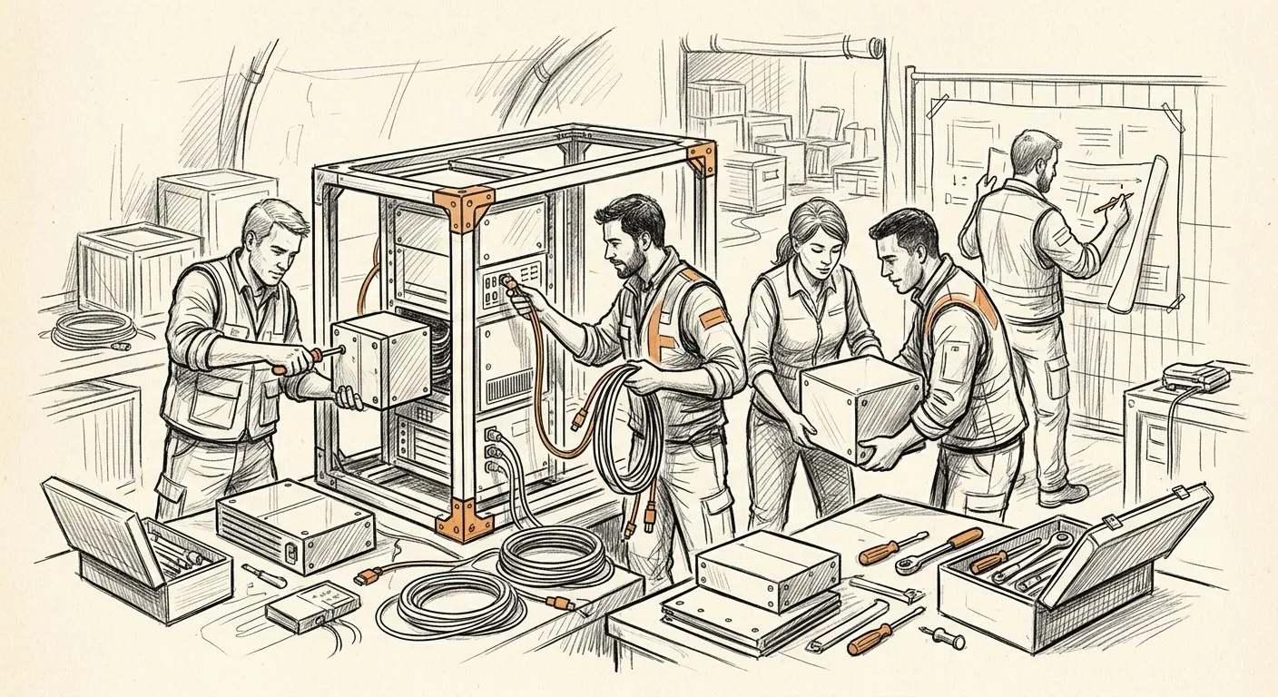 Sketch of an architect building a production system on-site